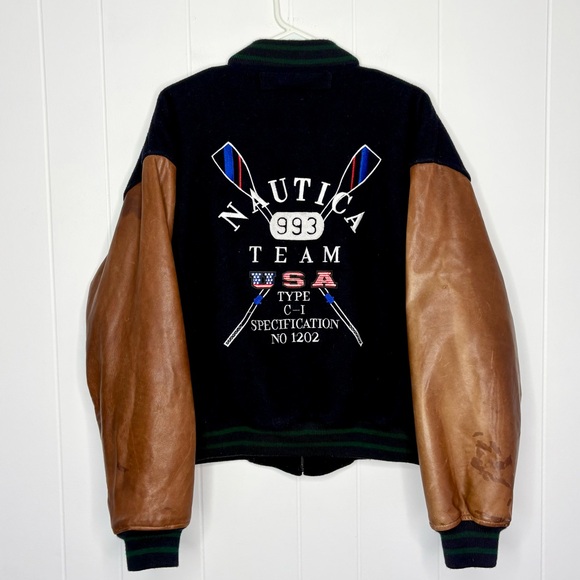Nautica Other - VINTAGE 90’s NAUTICA Wool Bomber Jacket Navy Tan Leather Sleeves Varsity Size 40